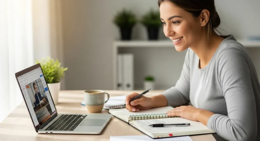 A person happily studying online on a laptop, representing learning from free courses.