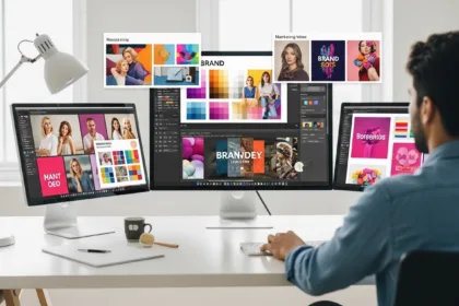 A graphic designer working at a modern desk with multiple screens displaying vibrant brand visuals, color palettes, and logo designs in a professional workspace.