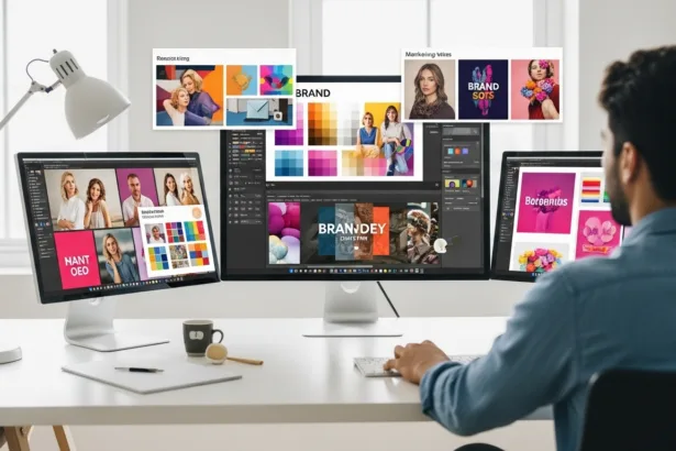 A graphic designer working at a modern desk with multiple screens displaying vibrant brand visuals, color palettes, and logo designs in a professional workspace.