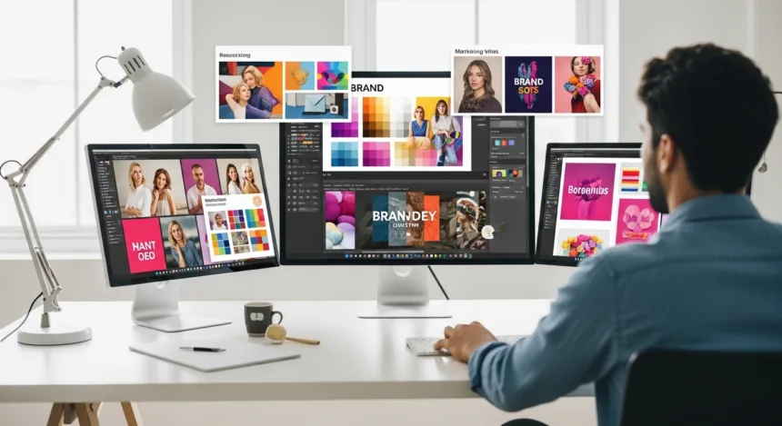 A graphic designer working at a modern desk with multiple screens displaying vibrant brand visuals, color palettes, and logo designs in a professional workspace.