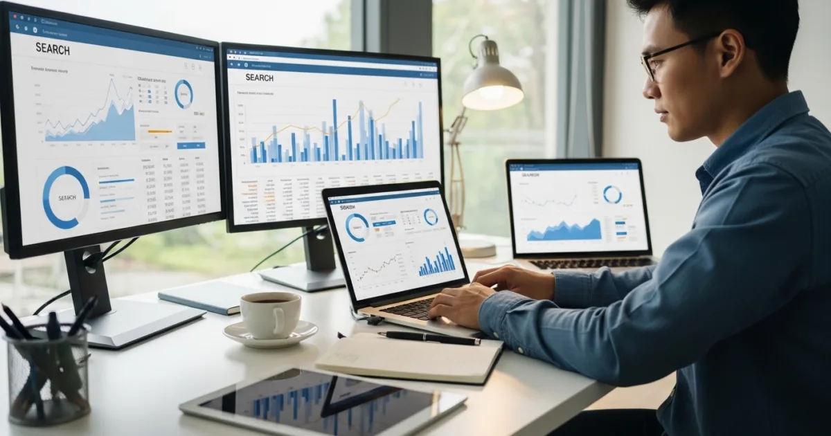 Digital marketer analyzing keyword research data and search trends on a laptop in a modern workspace.