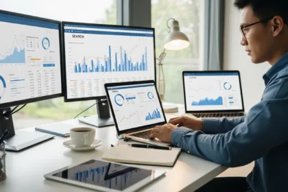 Digital marketer analyzing keyword research data and search trends on a laptop in a modern workspace.