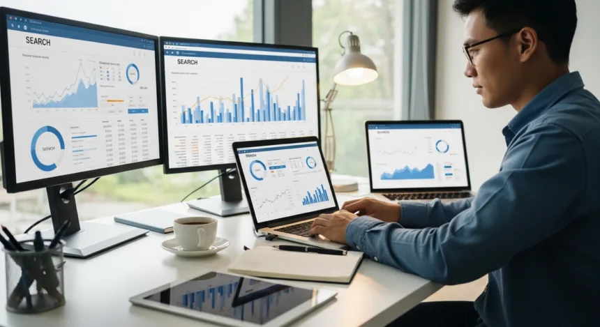 Digital marketer analyzing keyword research data and search trends on a laptop in a modern workspace.