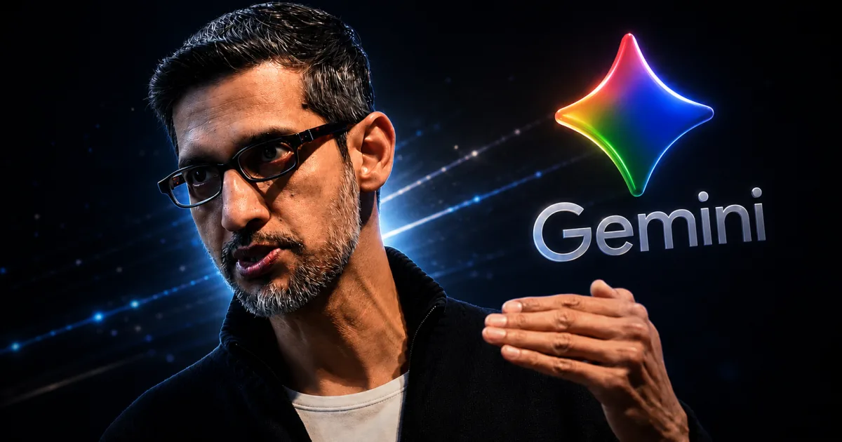 Cinematic portrait-style image of Google CEO Sundar Pichai beside the glowing Gemini logo on a dark futuristic tech background.
