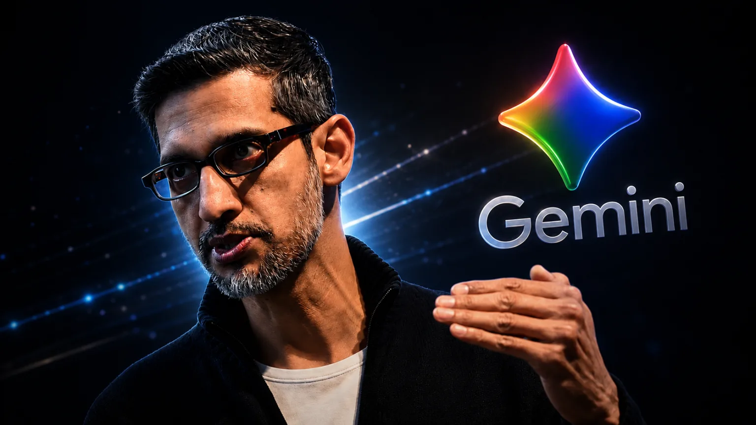 Cinematic portrait-style image of Google CEO Sundar Pichai beside the glowing Gemini logo on a dark futuristic tech background.