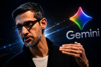 Cinematic portrait-style image of Google CEO Sundar Pichai beside the glowing Gemini logo on a dark futuristic tech background.