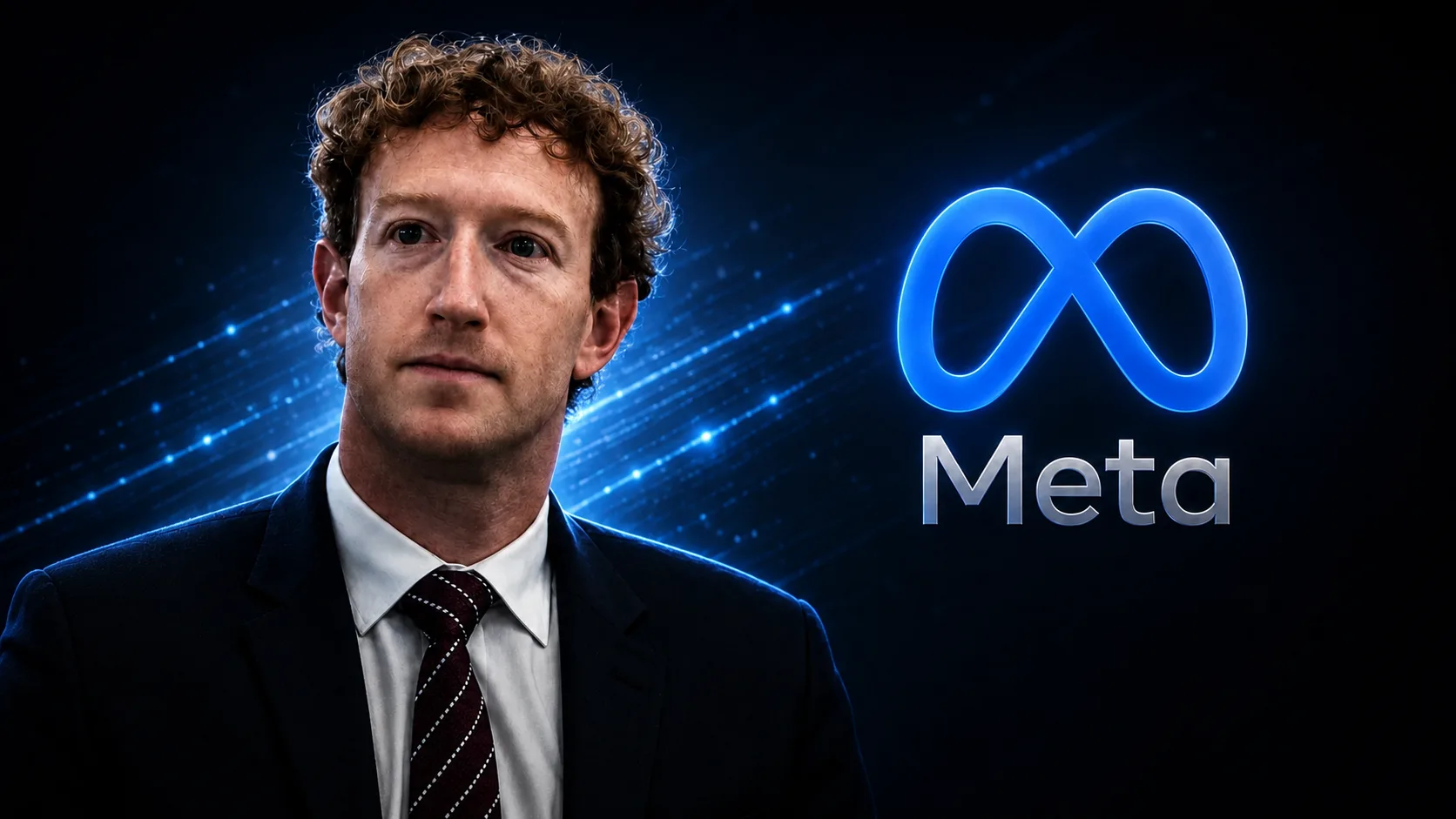Cinematic portrait-style image of Meta CEO Mark Zuckerberg beside the glowing Meta logo on a dark futuristic tech background.